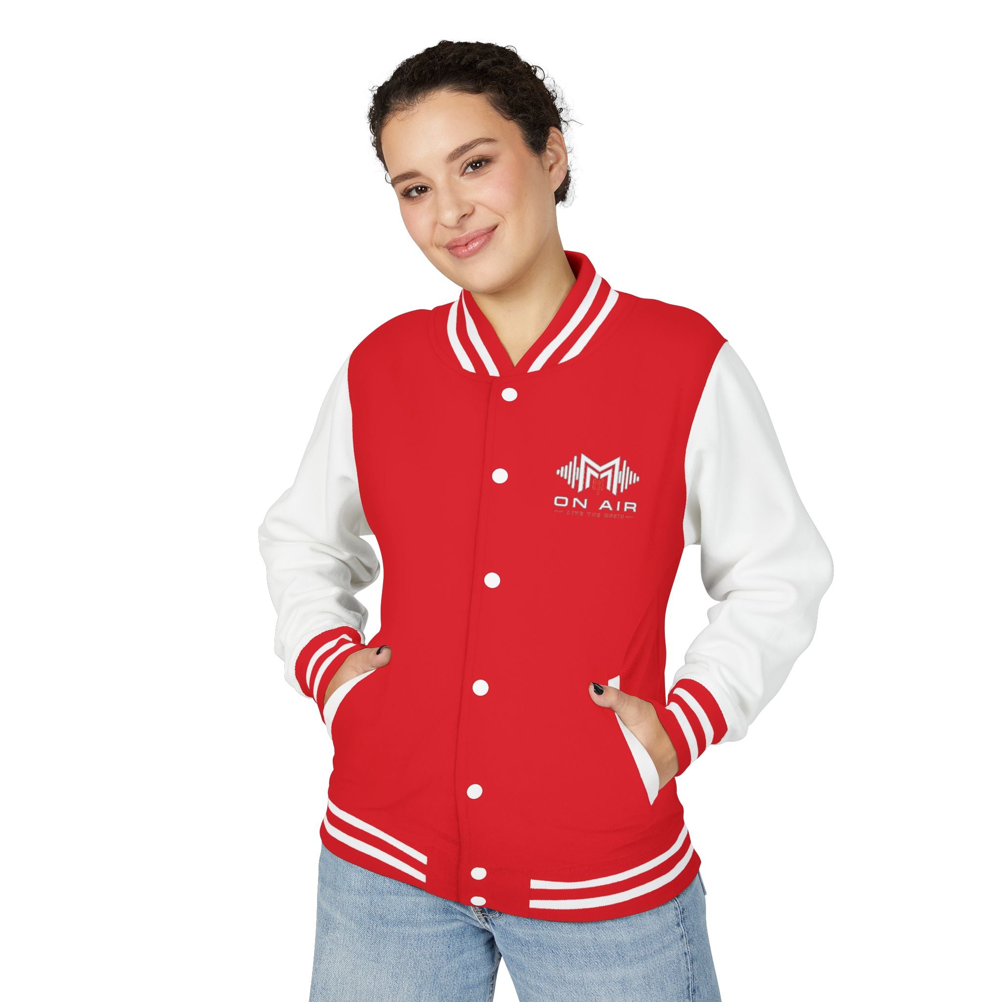 Letterman Jacket — Retro "On Air" Radio Varsity Jacket (Red & White)