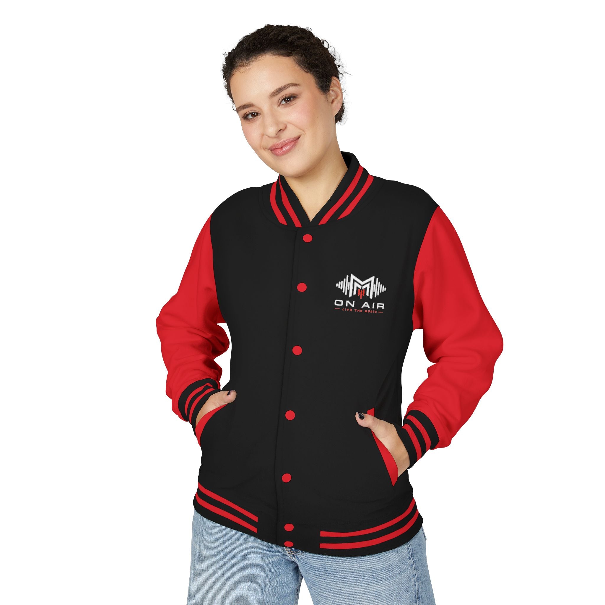 Letterman Jacket — Retro "On Air" Radio Varsity Jacket (Red & White)